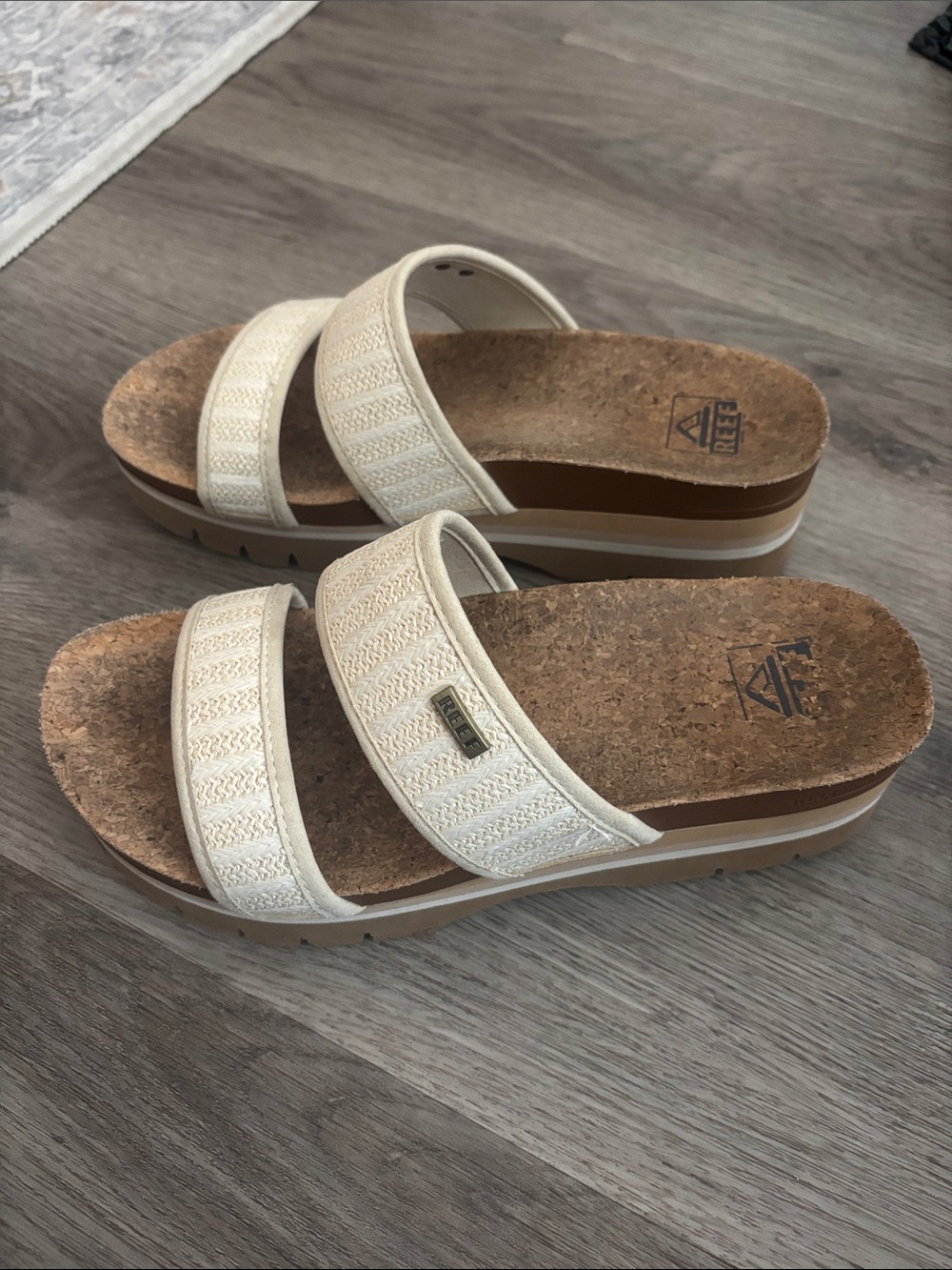 Reef Cream Double-Strap Cork Wedge Slide Sandals